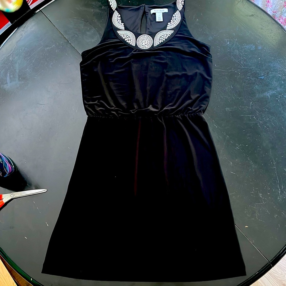WHBM black tank knit dress. Size S. Metallic silver detail on front neckline.